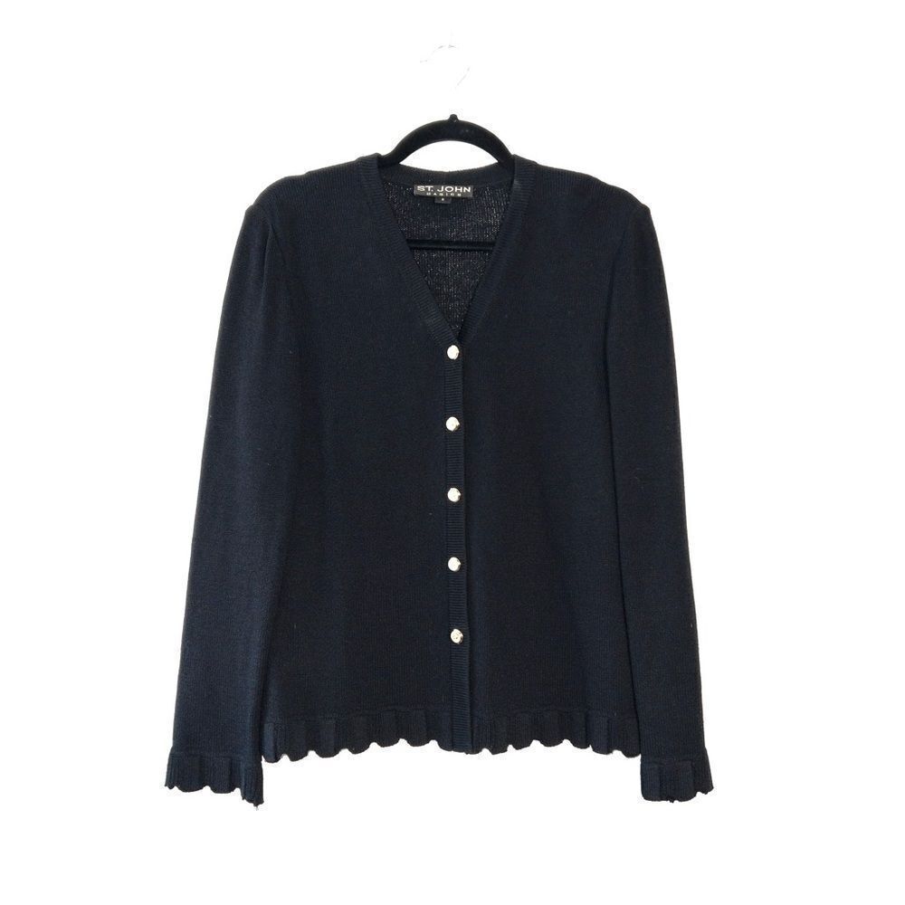 St. John Basic Black Button Front Wool Blend Ruffle‎ Cardigan Size 4